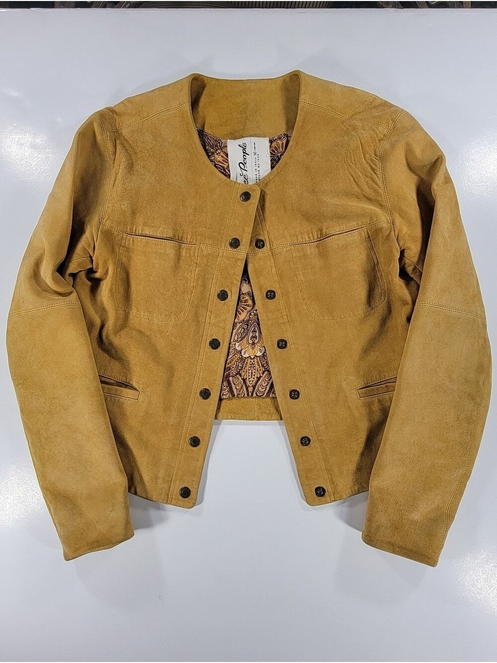 Free People Jacket Coat Sheep Suede Leather Tan Cropped Western Concert Festival